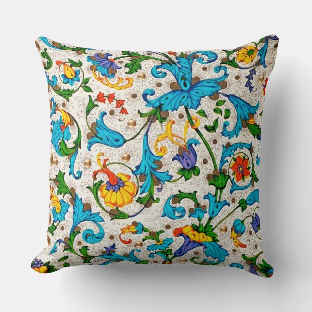 FLORENTINE RENAISSANCE BLUE FLORAL SWIRLS,FLOWERS CUSHION (Front)