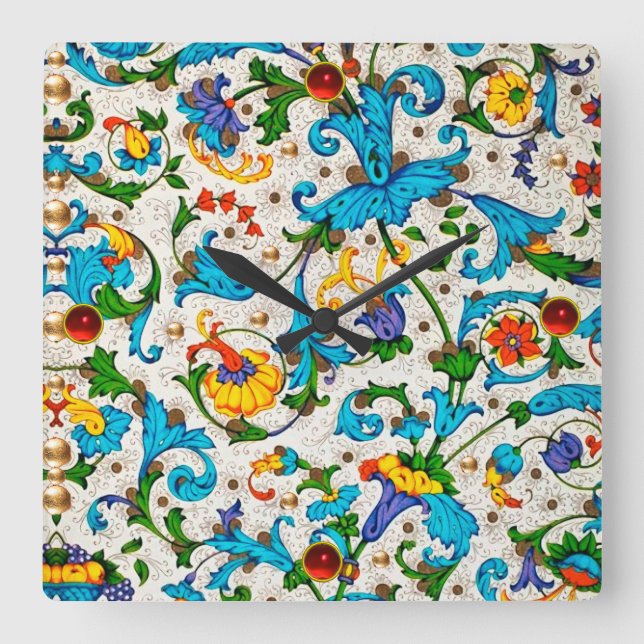 FLORENTINE RENAISSANCE BLUE FLORAL SWIRLS,FLOWERS SQUARE WALL CLOCK (Front)