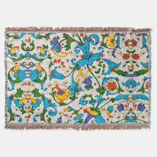 FLORENTINE RENAISSANCE BLUE FLORAL SWIRLS,FLOWERS THROW BLANKET