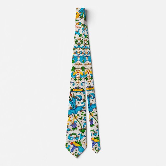 FLORENTINE RENAISSANCE BLUE FLORAL SWIRLS,FLOWERS  TIE (Front)