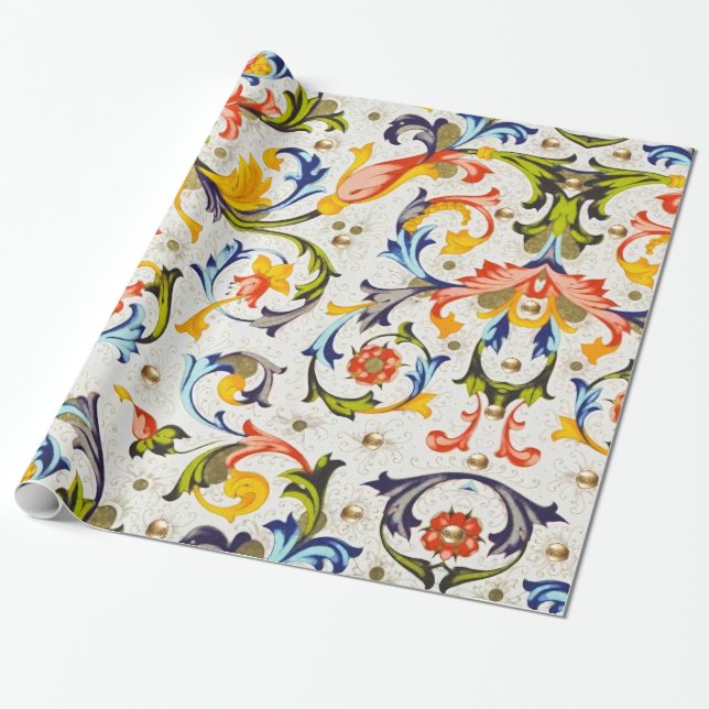 FLORENTINE RENAISSANCE FLORAL SWIRLS,FLOWERS WRAPPING PAPER (Unrolled)