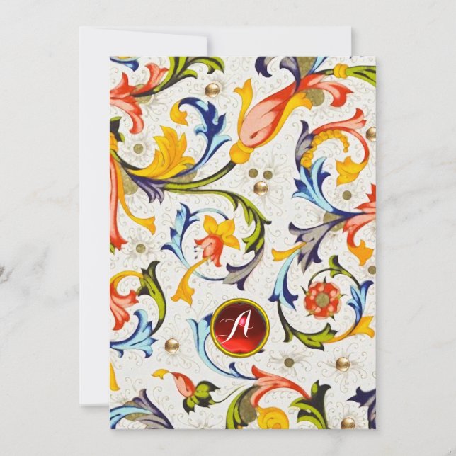FLORENTINE RENAISSANCE FLORAL SWIRLS GEM MONOGRAM HOLIDAY CARD (Front)