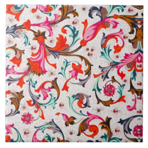 FLORENTINE RENAISSANCE RED FLORAL SWIRLS,FLOWERS CERAMIC TILE