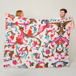FLORENTINE RENAISSANCE RED FLORAL SWIRLS,FLOWERS FLEECE BLANKET