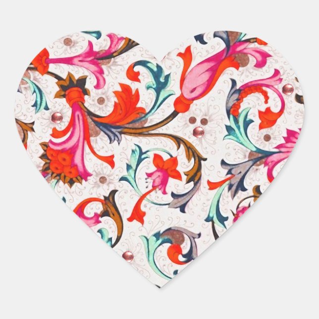 FLORENTINE RENAISSANCE RED FLORAL SWIRLS,FLOWERS HEART STICKER (Front)