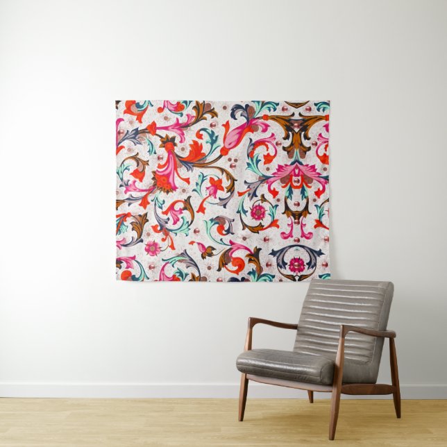FLORENTINE RENAISSANCE RED FLORAL SWIRLS,FLOWERS TAPESTRY (In Situ (Horizontal))