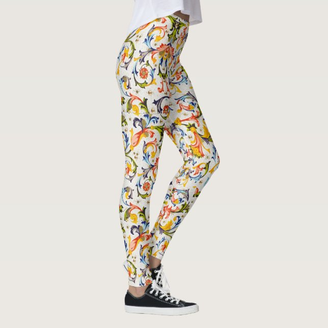 FLORENTINE RENAISSANCE YELLOW FLORAL SWIRL,FLOWERS LEGGINGS (Right)