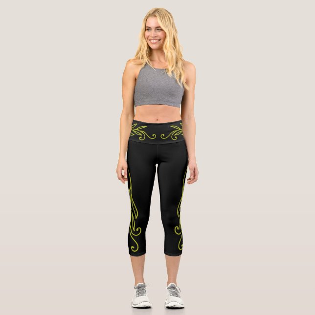 Florescent Green Leaf Curls  Capri Leggings (Front)