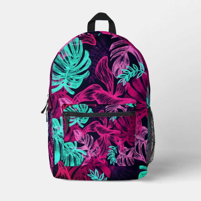 Florescent purple world of palm leaves printed backpack (Front)