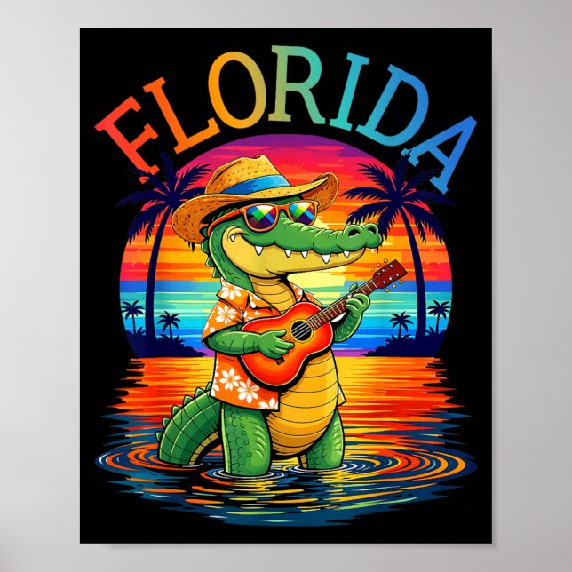 Florida Alligator Palm Tree Sunset Tropical Summer Poster (Front)
