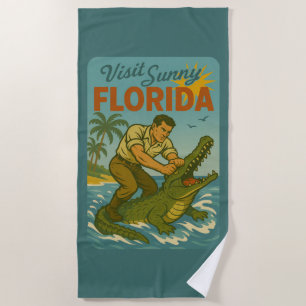 Florida Alligator Wrestling   Funny Retro Beach Towel