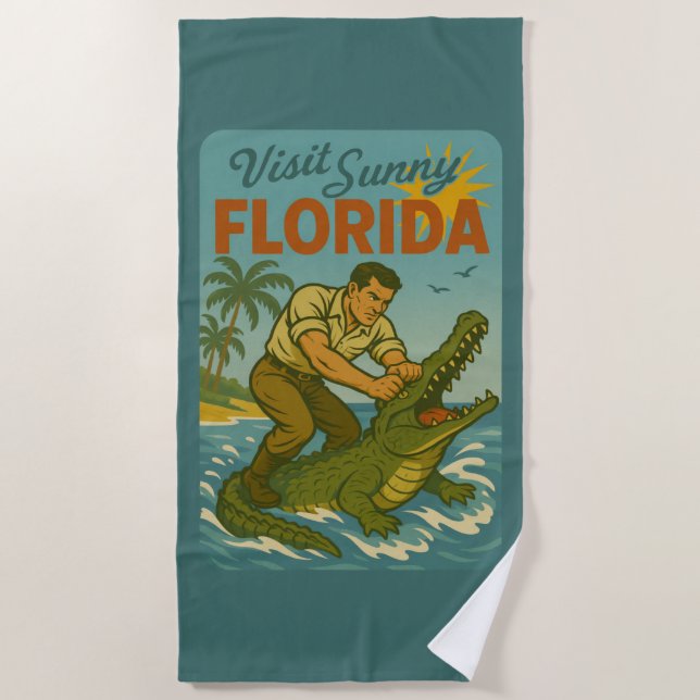 Florida Alligator Wrestling | Funny Retro Beach Towel (Front)
