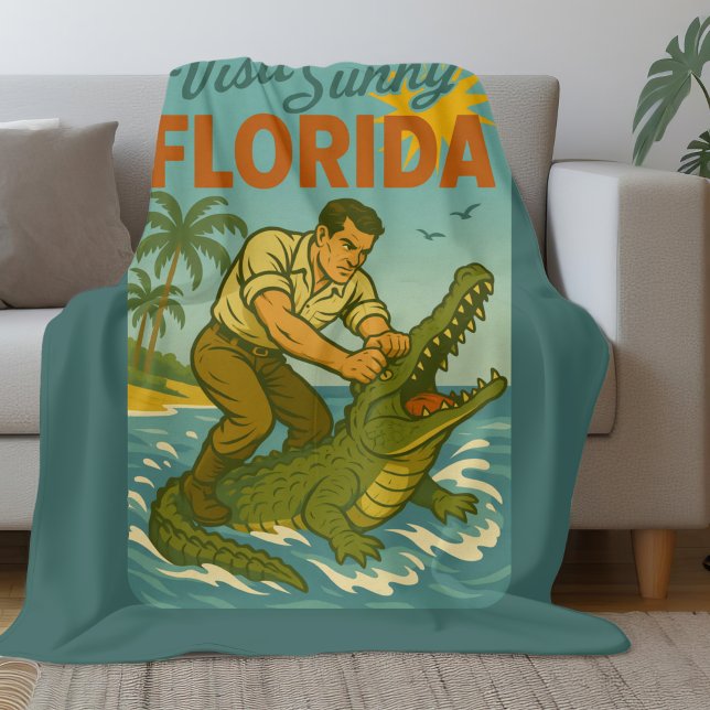 Florida Alligator Wrestling | Funny Retro Coastal Fleece Blanket (Creator Uploaded)