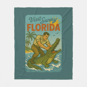 Florida Alligator Wrestling Funny Retro Coastal Fleece Blanket