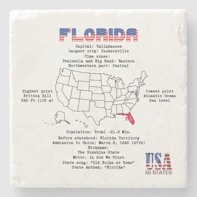 Florida American state on a map and useful info Stone Coaster (Front)