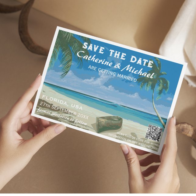 Florida Beach Wedding Travel Poster Style QR Code  Save The Date (Creator Uploaded)