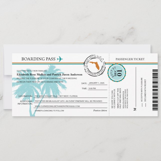 Florida Boarding Pass Wedding  Invitation (Front)