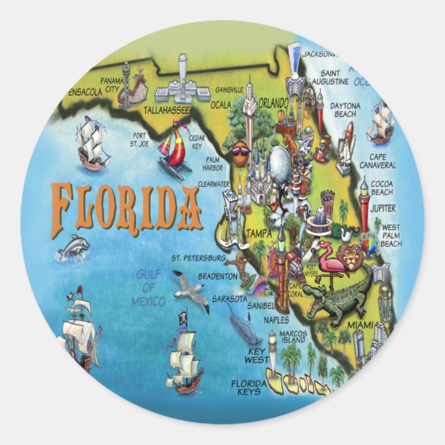 Florida Cartoon Map Classic Round Sticker (Front)