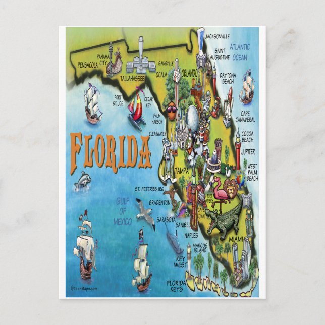 Florida Cartoon Map Postcard (Front)