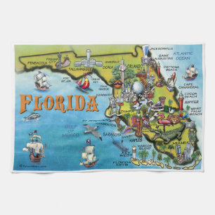 Florida Cartoon Map Tea Towel