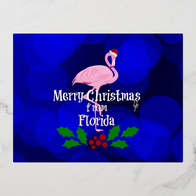 Florida Christmas Greetings from Santa Flamingo Foil Holiday Postcard (Front)