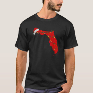 Florida Christmas State Map Lights Santa Hat Tropi T-Shirt
