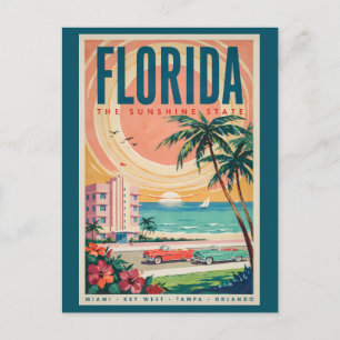 Florida Coast Cars Illustration Travel Art Vintage Postcard