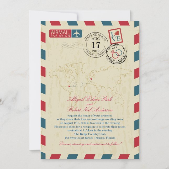 Florida & Czech Republic Vintage Airmail Wedding Invitation (Front)