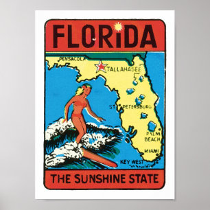 Florida FL USA The Sunshine State Vintage Surfer Poster