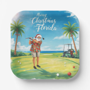 Florida Golf Merry Christmas with Santa Claus Paper Plate