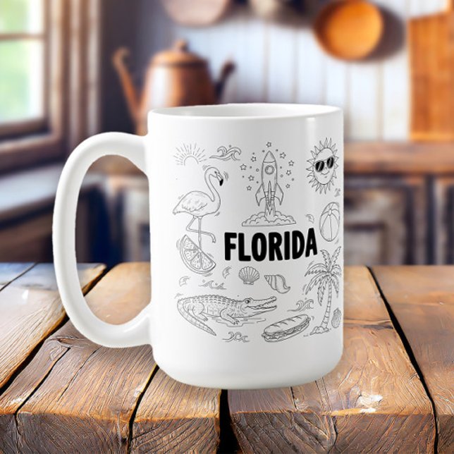Florida Hand Drawn Line Art Symbols Coffee Mug (Florida tourism line art mug)