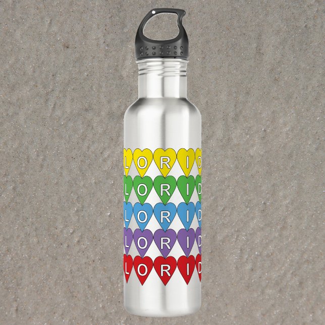 Florida Heart Rainbow 710 Ml Water Bottle (A water bottle that says Florida in a pattern of rainbow hearts.)