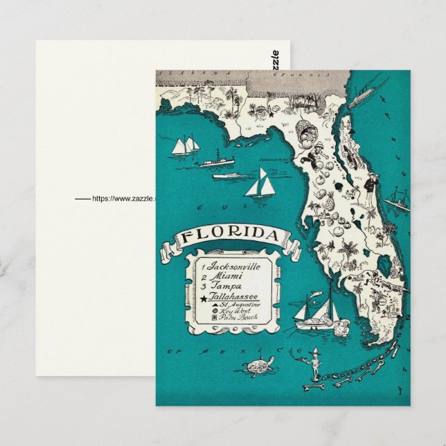 Florida Illustrated Vintage Map Postcard (Front/Back)