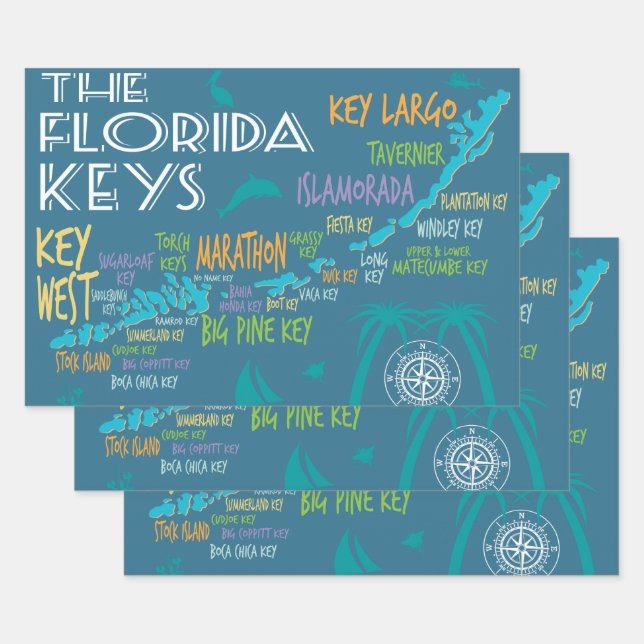 Florida Keys Map with Island Names Wrapping Paper Sheet (Set)