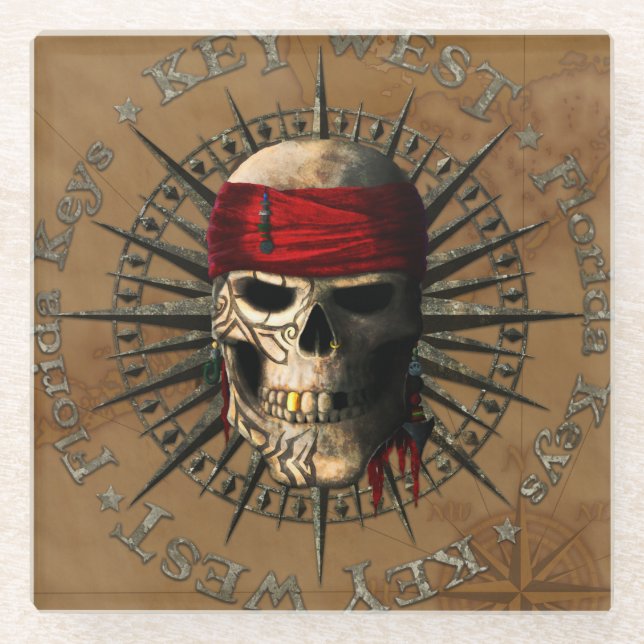 Florida Keys Pirate Skull Glass Coaster (Front)