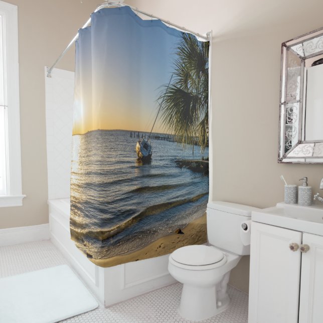 Florida Leaning Palm Tree Sunset Shower Curtain (In Situ)