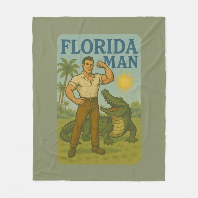 Florida Man Alligator Friend - Funny Retro Coastal Fleece Blanket (Front)