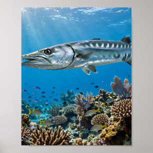 Florida Man Barracuda Coral Reef Fishing Art Poster