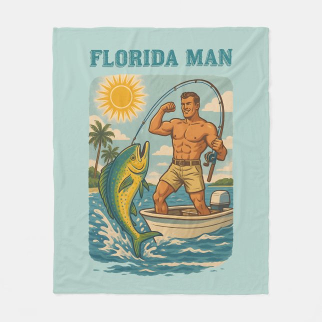 Florida Man -Coastal Fishing Boat- Retro Fisherman Fleece Blanket (Front)