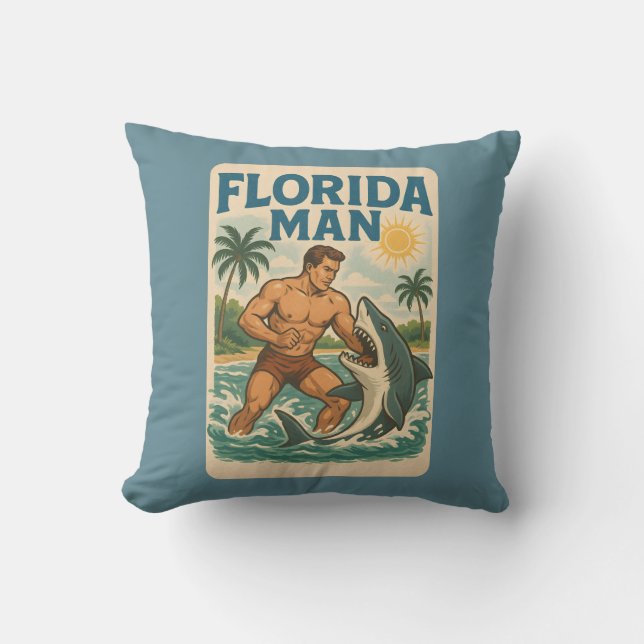 Florida Man Coastal Shark Wrestler - Retro Beach Cushion (Front)