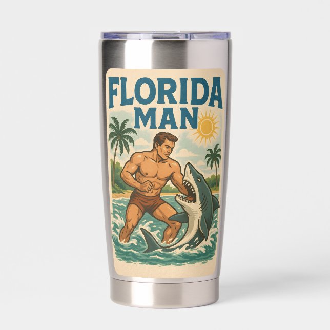 Florida Man Coastal Shark Wrestler - Retro Beach Insulated Tumbler (Front)
