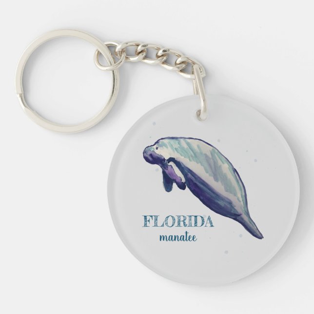 Florida Manatee Watercolor Painting Key Ring (Front)