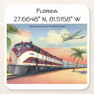 Florida Map Coordinates Vintage Style Square Paper Coaster