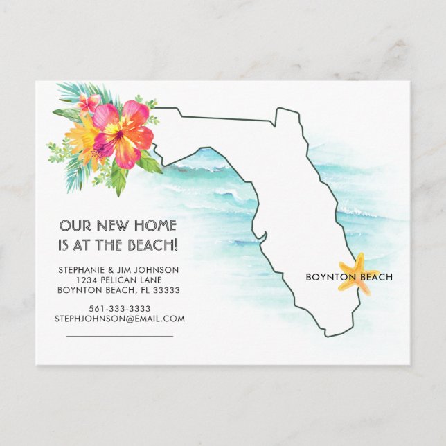 Florida Map Ocean Waves New Address Announcement Postcard (Front)