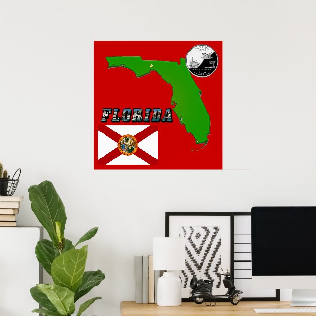 Florida Map, Picture Text and State Quarter Poster (Home Office)