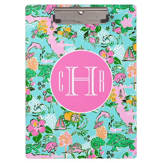 Florida Map Preppy Palm Beach Pattern Monogrammed Clipboard (Front)
