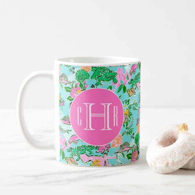Florida Map Preppy Palm Beach Pattern Monogrammed Coffee Mug (With Donut)