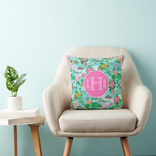 Florida Map Preppy Palm Beach Pattern Monogrammed Cushion