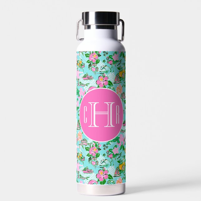 Florida Map Preppy Palm Beach Pattern Monogrammed Water Bottle (Front)