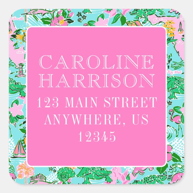 Florida Map Preppy Palm Beach Pattern Print Square Sticker (Front)